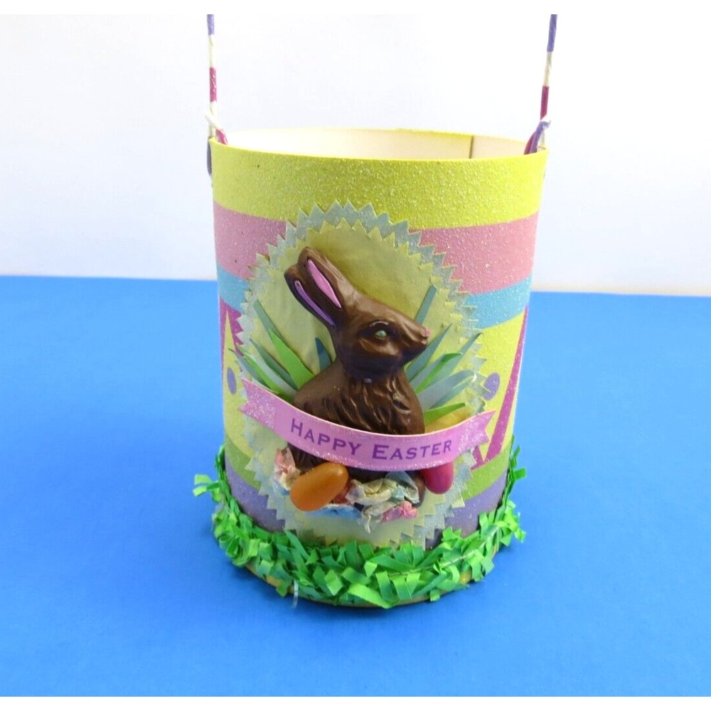 Vintage Department 56 Easter Paper Pail Basket 3D Bunny 2005 Sparkle